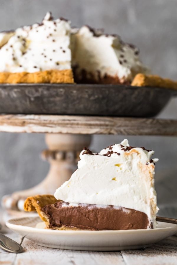 a slice of Best Chocolate Cream Pie on a plate.