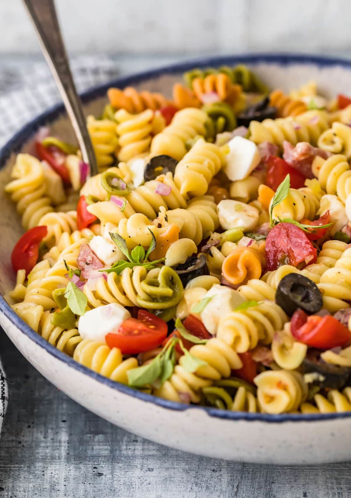 Classic Italian Pasta Salad Recipe in a bowl on a work surface