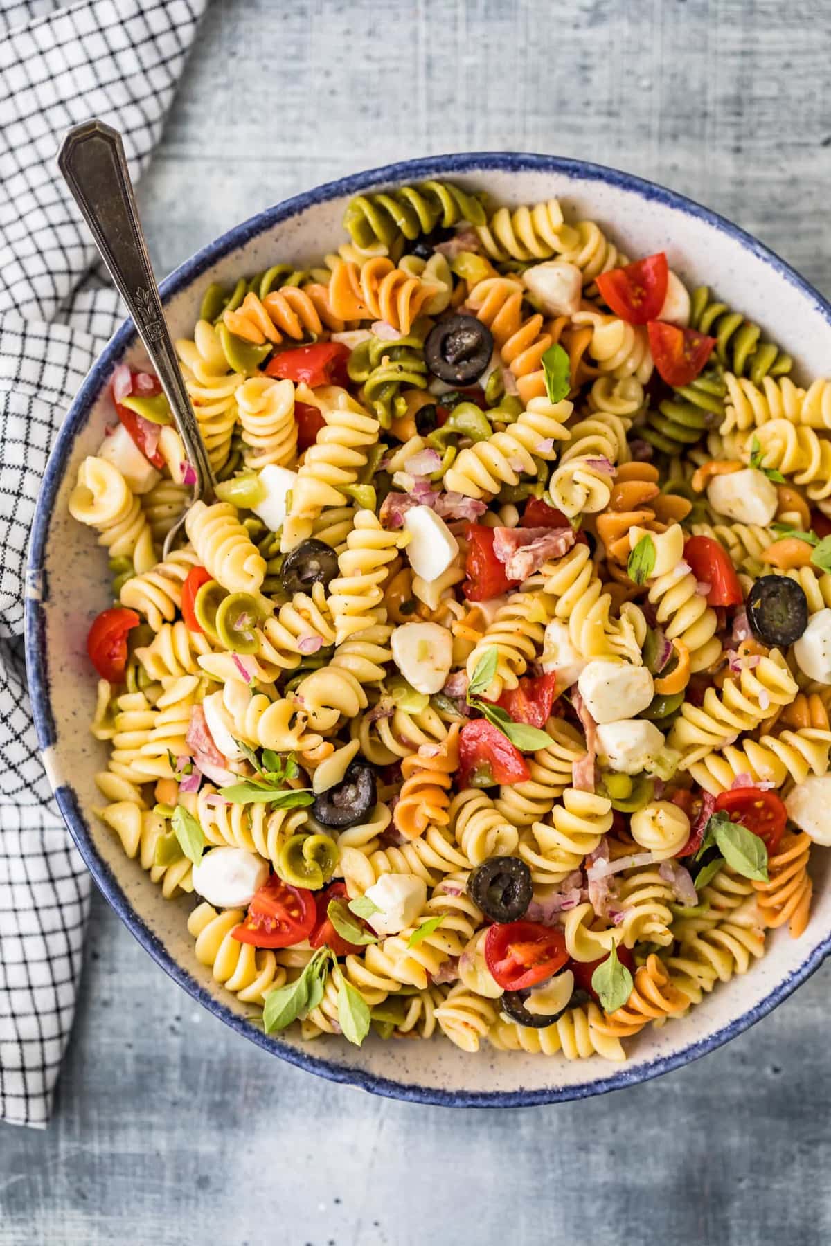 Top shot of Classic Italian Pasta Salad Recipe in a bowl