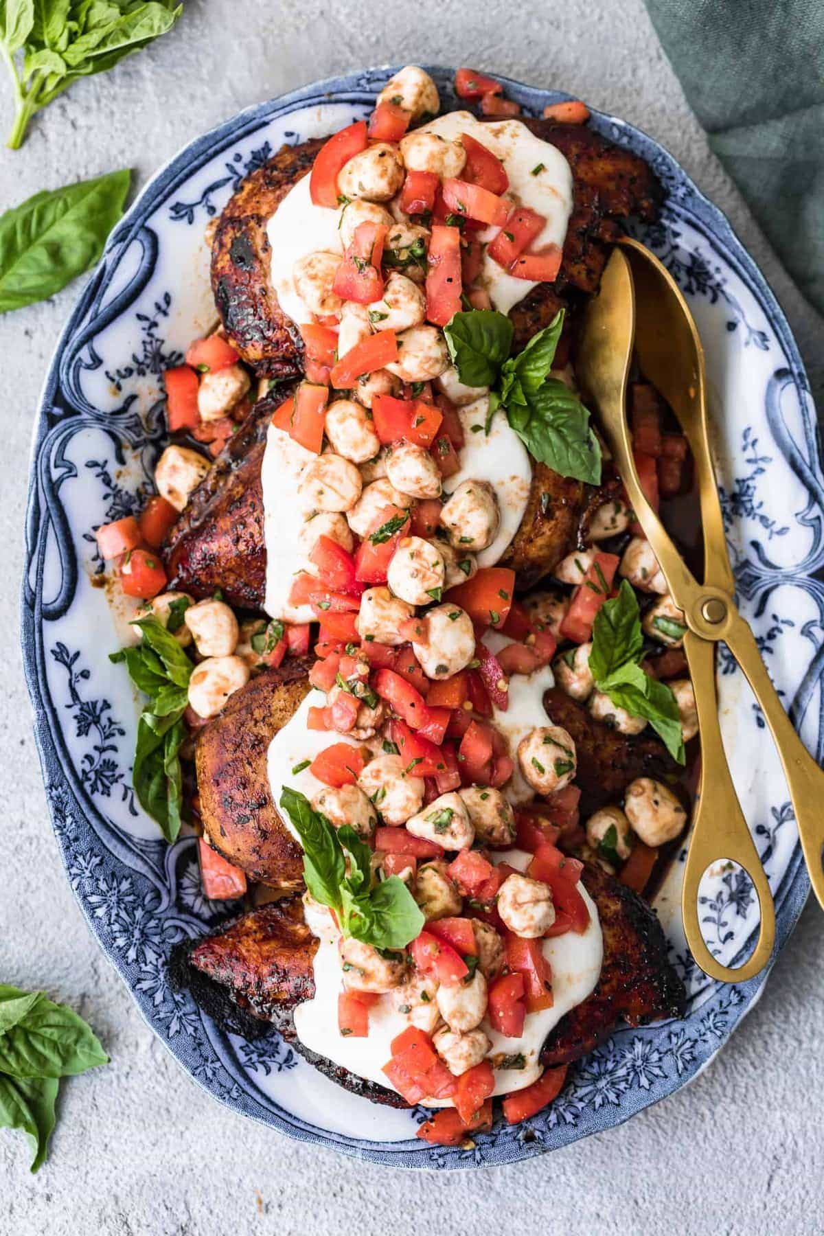 platter of grilled bruschetta chicken caprese