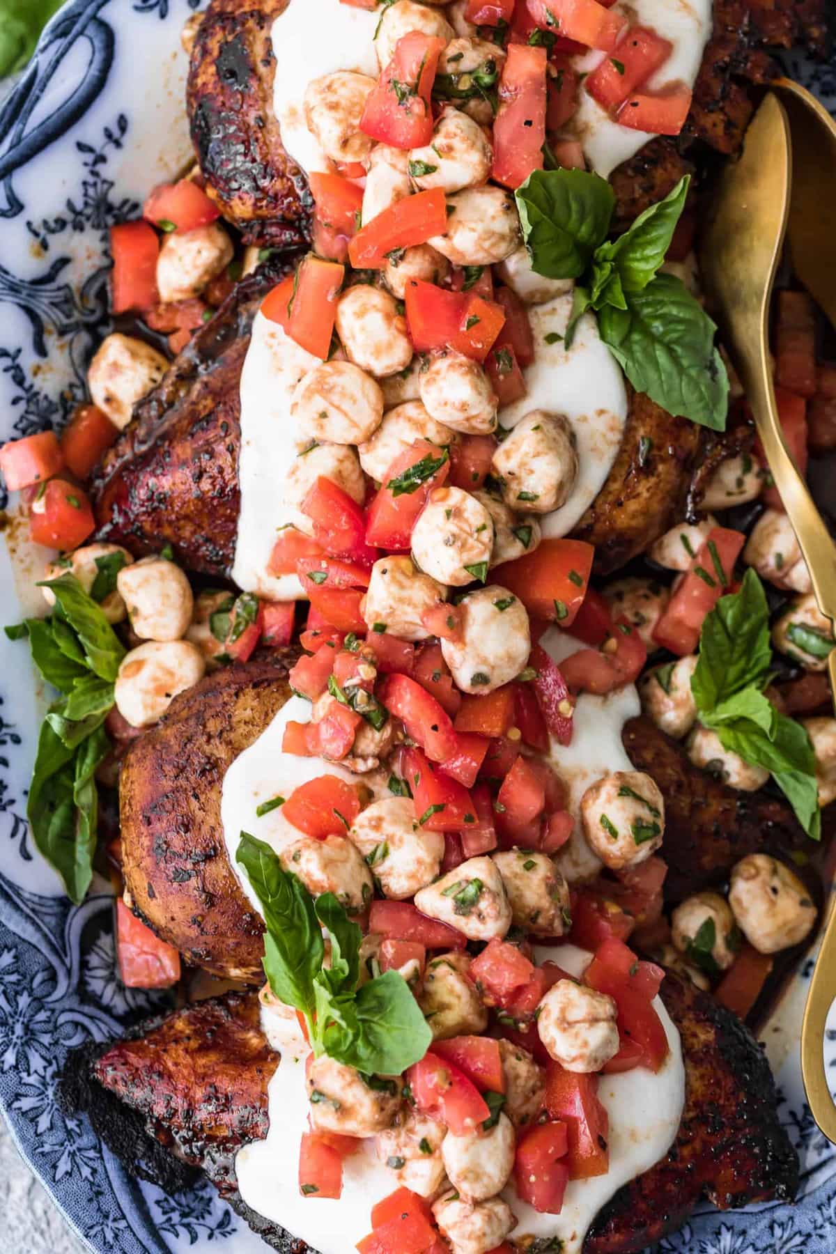 grilled chicken breasts topped with caprese bruschetta