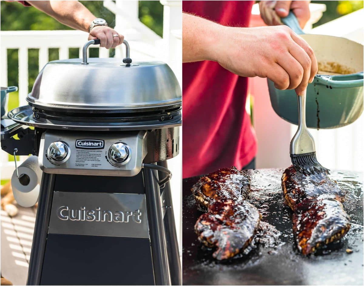 photo collage of outdoor griddle and chicken being basted