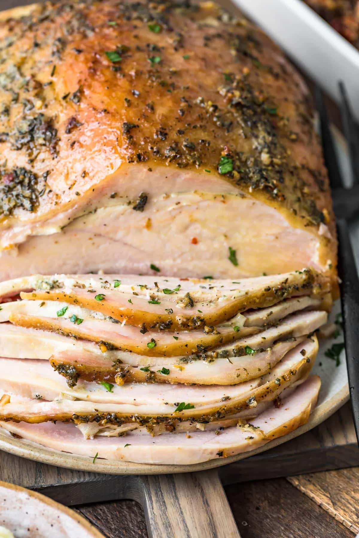 Close up of slices of smoked turkey meat