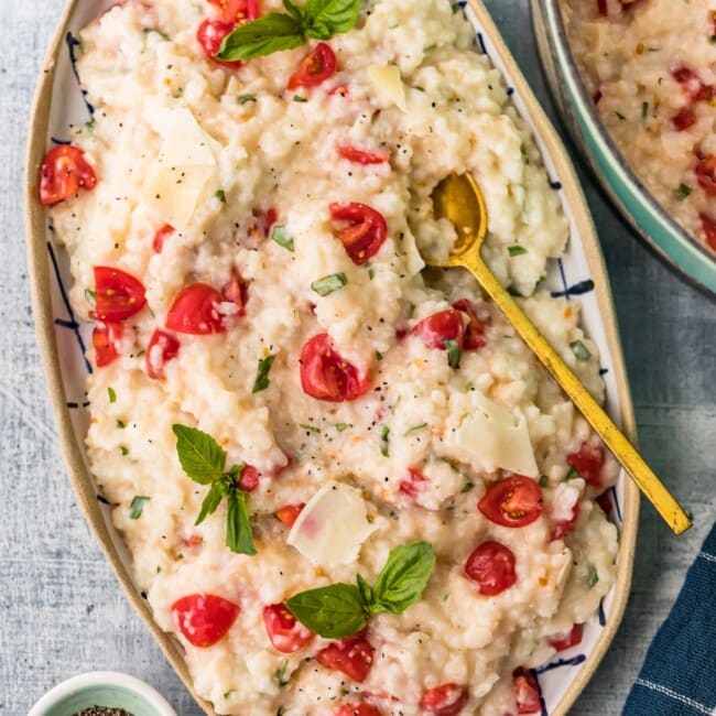 oven baked parmesan risotto in a baking dish