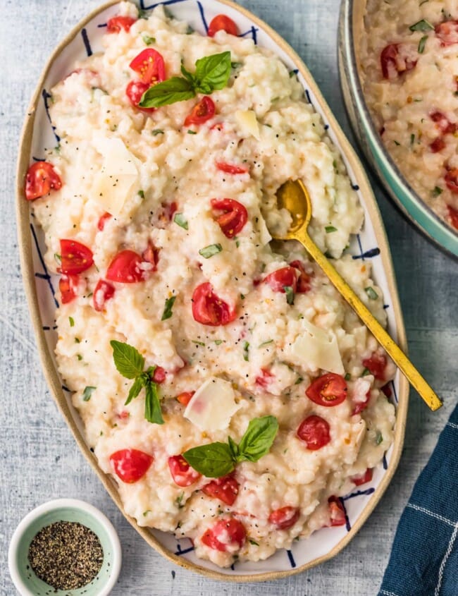 oven baked parmesan risotto in a baking dish