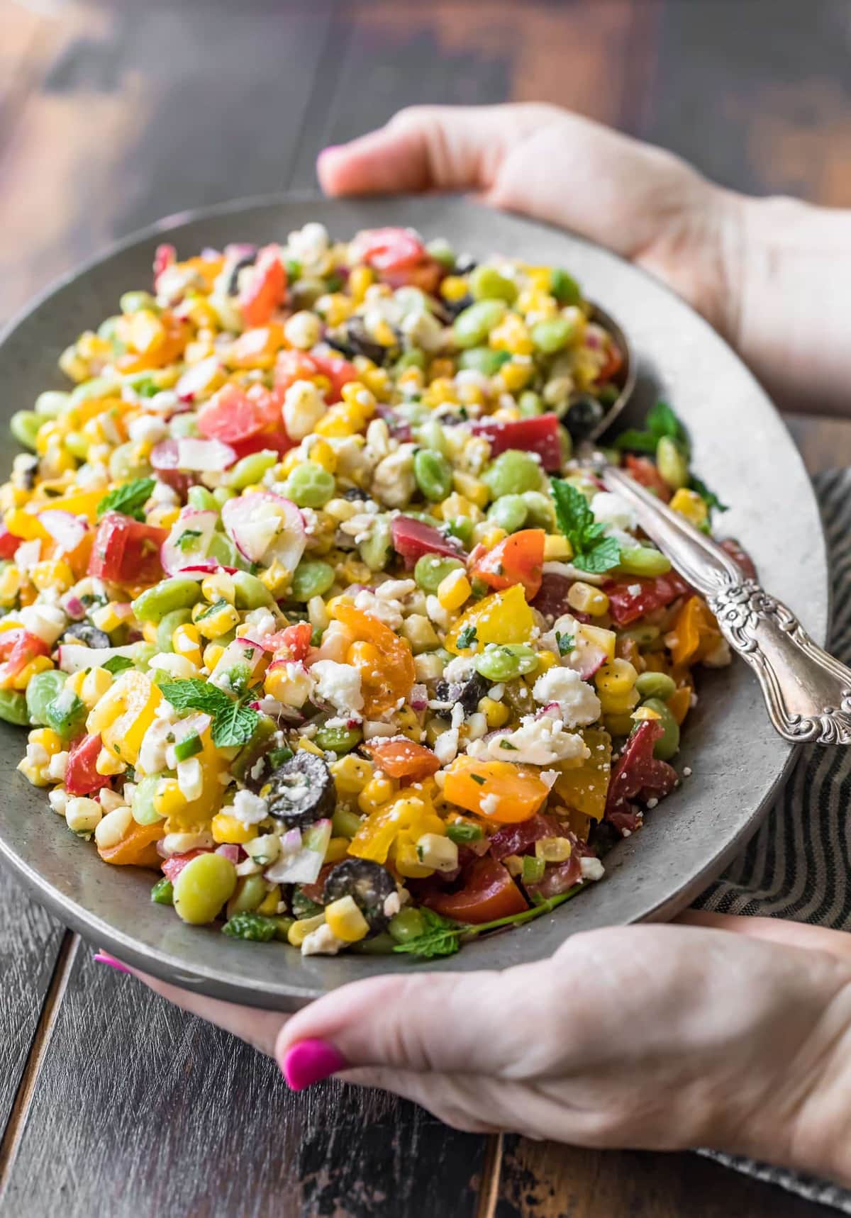 Hands holding a plate of Peruvian Chopped Salad