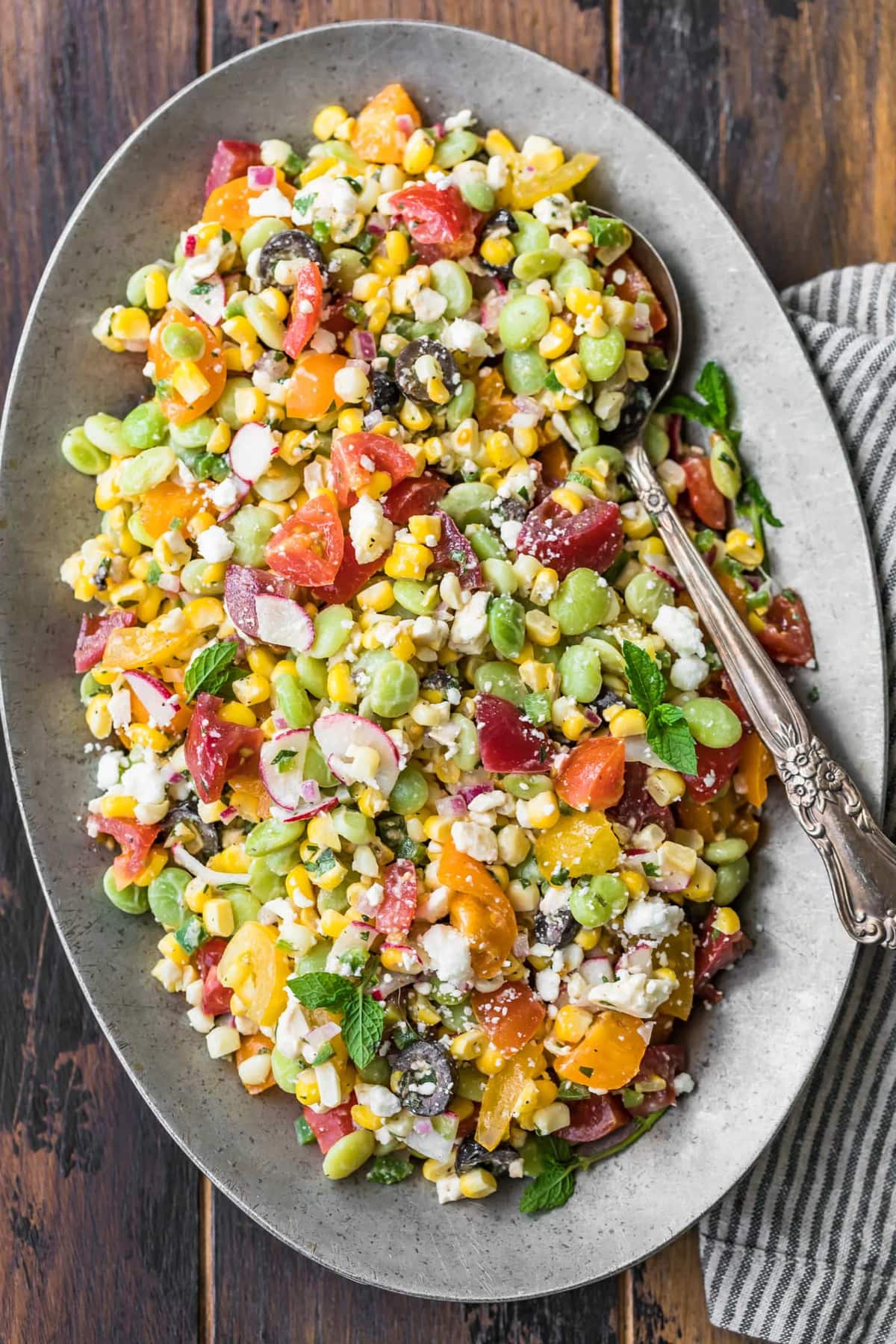 Top shot of a chopped salad on a large serving plate