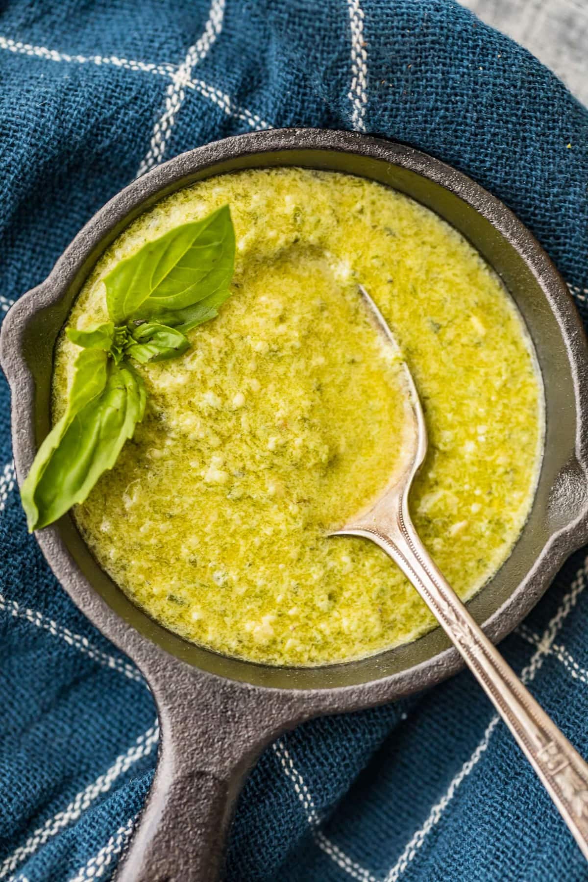 pesto dressing in a small skillet