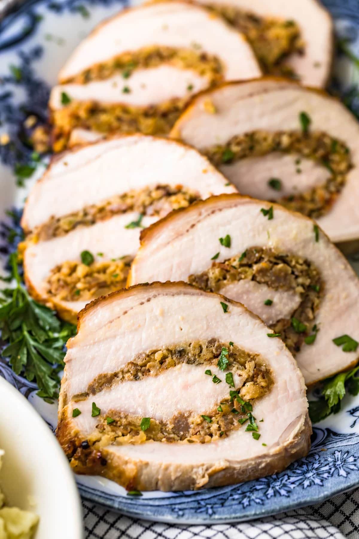 Close up of slices of meat with stuffing