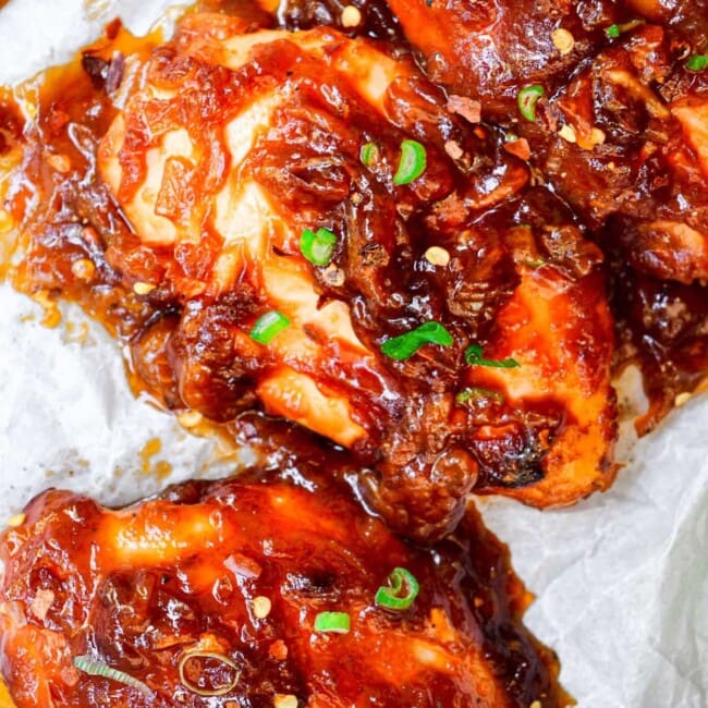 sweet and sour chicken breasts on a platter