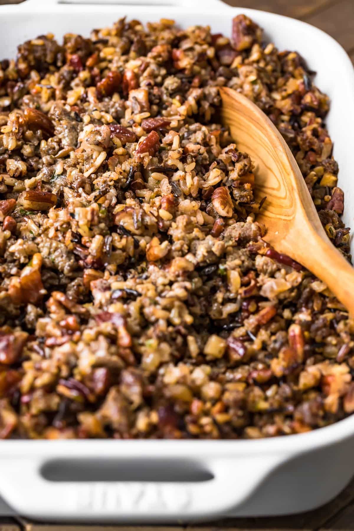 Close up of Wild Rice Sausage Stuffing