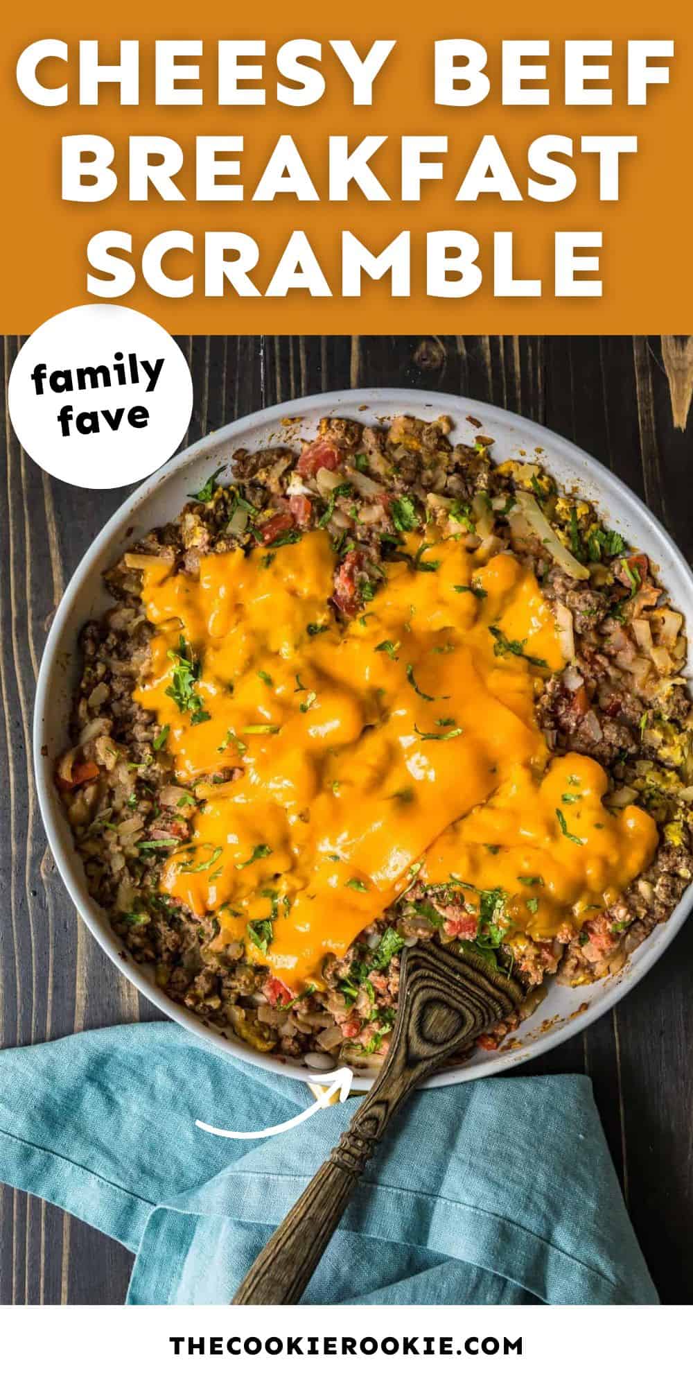 Cheesy beef breakfast scramble pin image