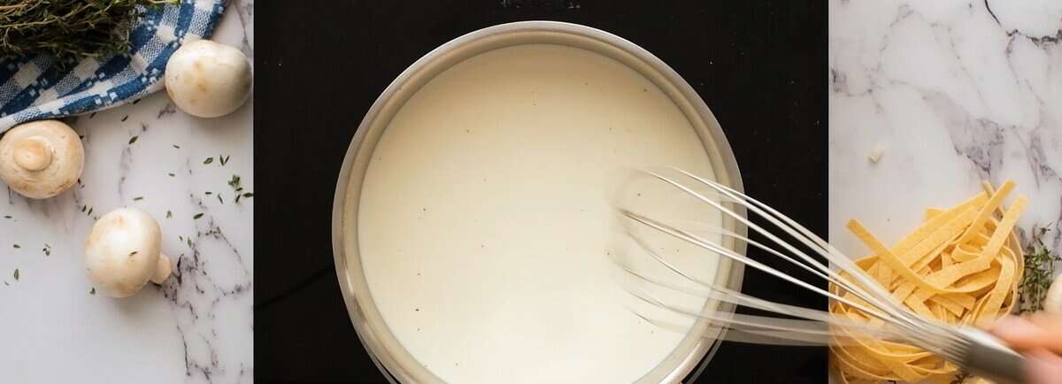 Simmering milk, cream and broth and stirring with a whisk.