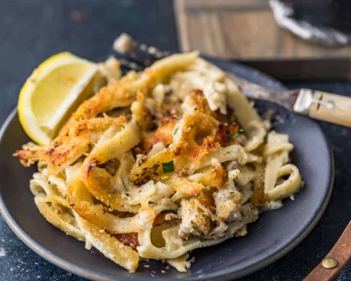 Chicken tetrazzini served on a black plate with a fork and a lemon wedge.  - 14