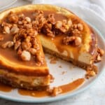 A caramel cheesecake on a plate