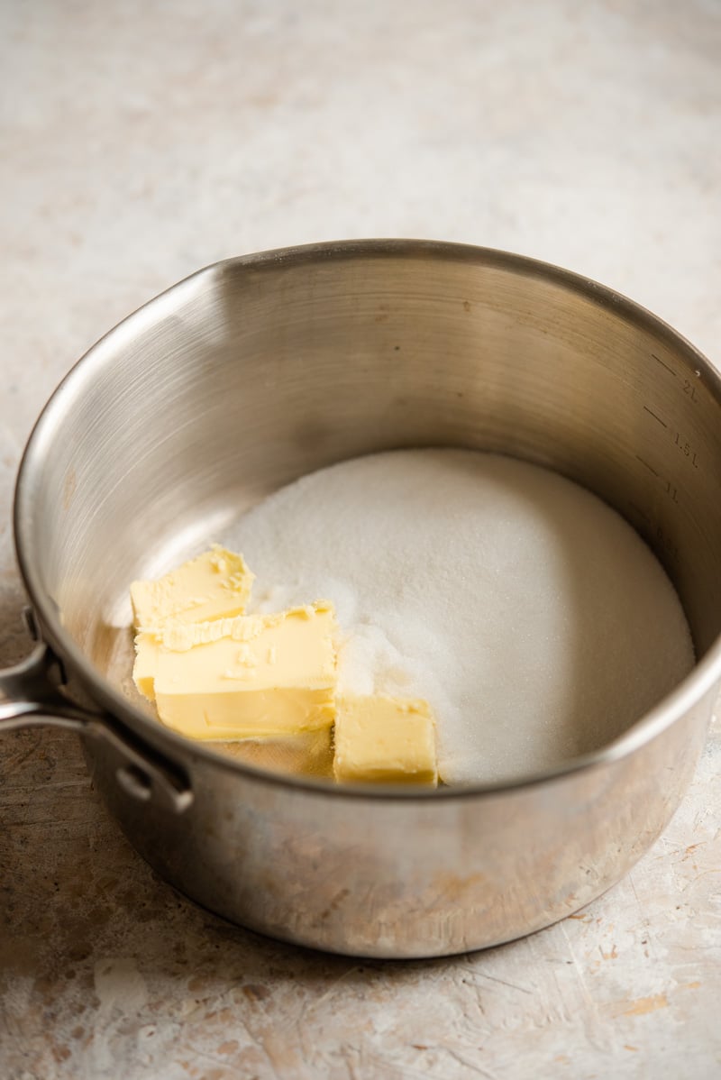 Ingredients in a pot for making homemade caramel