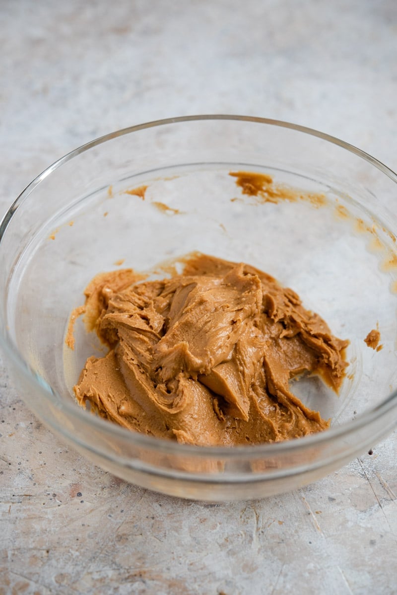 Peanut butter filling in a bowl  to be used in the lava cakes