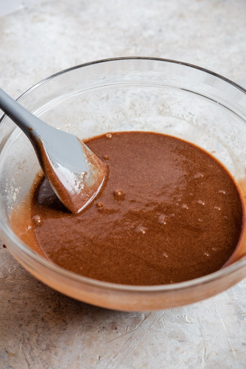 Chocolate lava cake batter in bowl