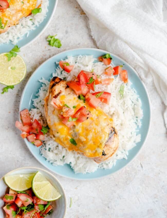 Tequila lime chicken on a blue plate