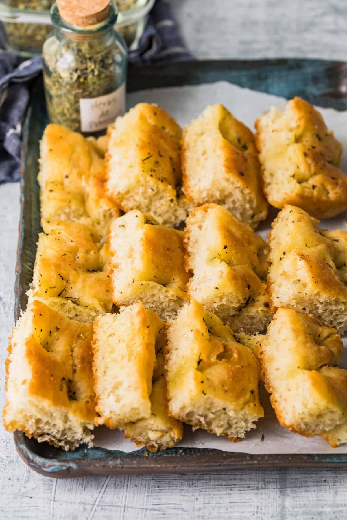 Focaccia bread on a serving tray