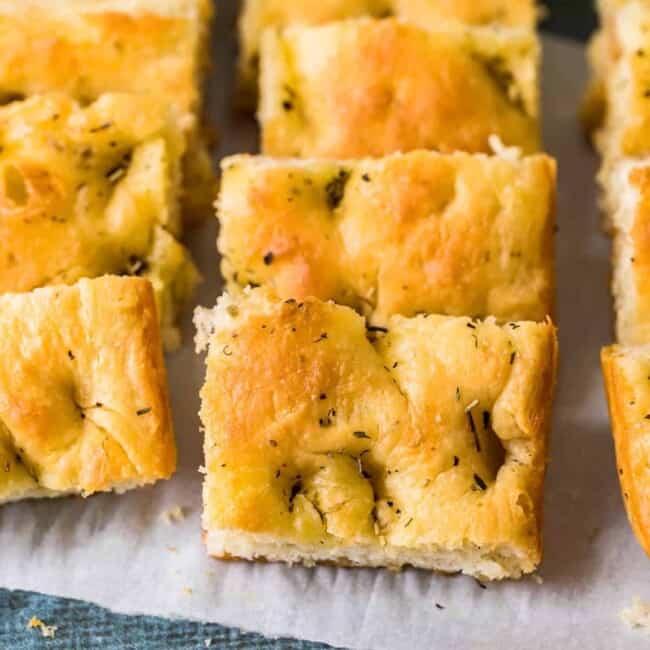 pieces of sliced focaccia bread on platter