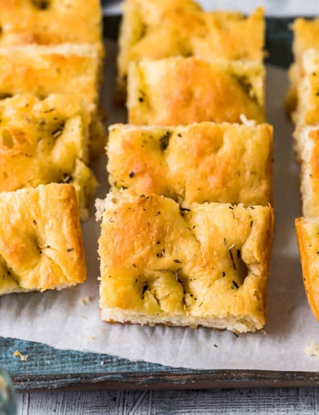 pieces of sliced focaccia bread on platter