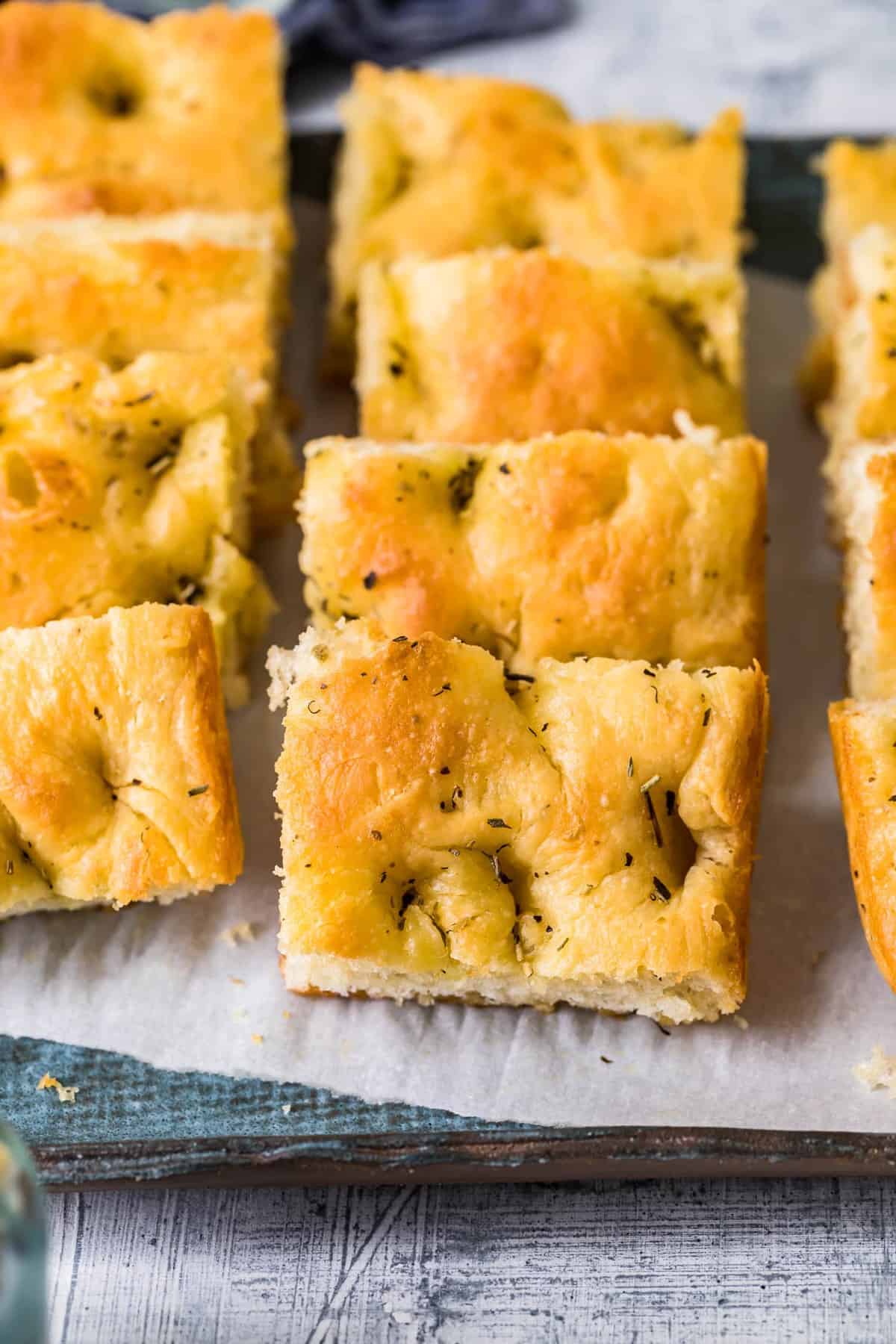 Squares of the Best Focaccia on parchment