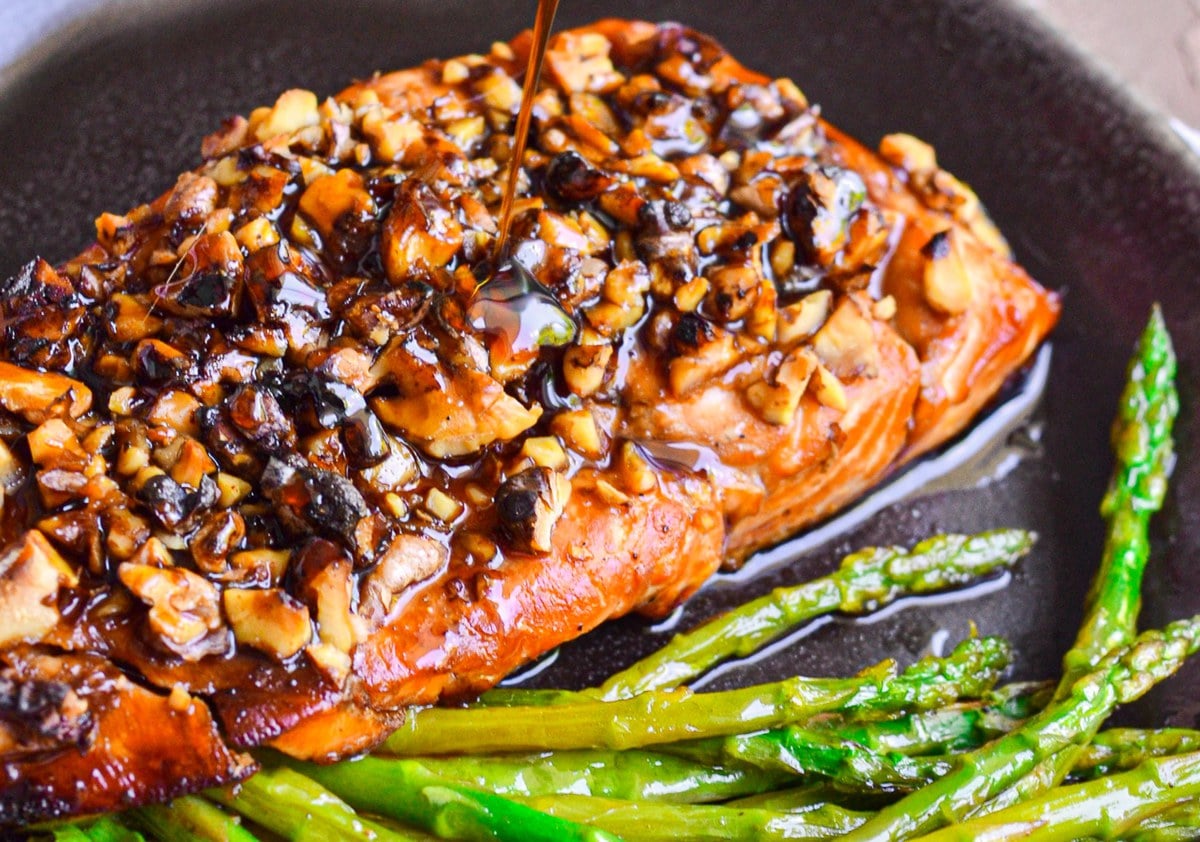 up close picture of pecan crusted bourbon salmon