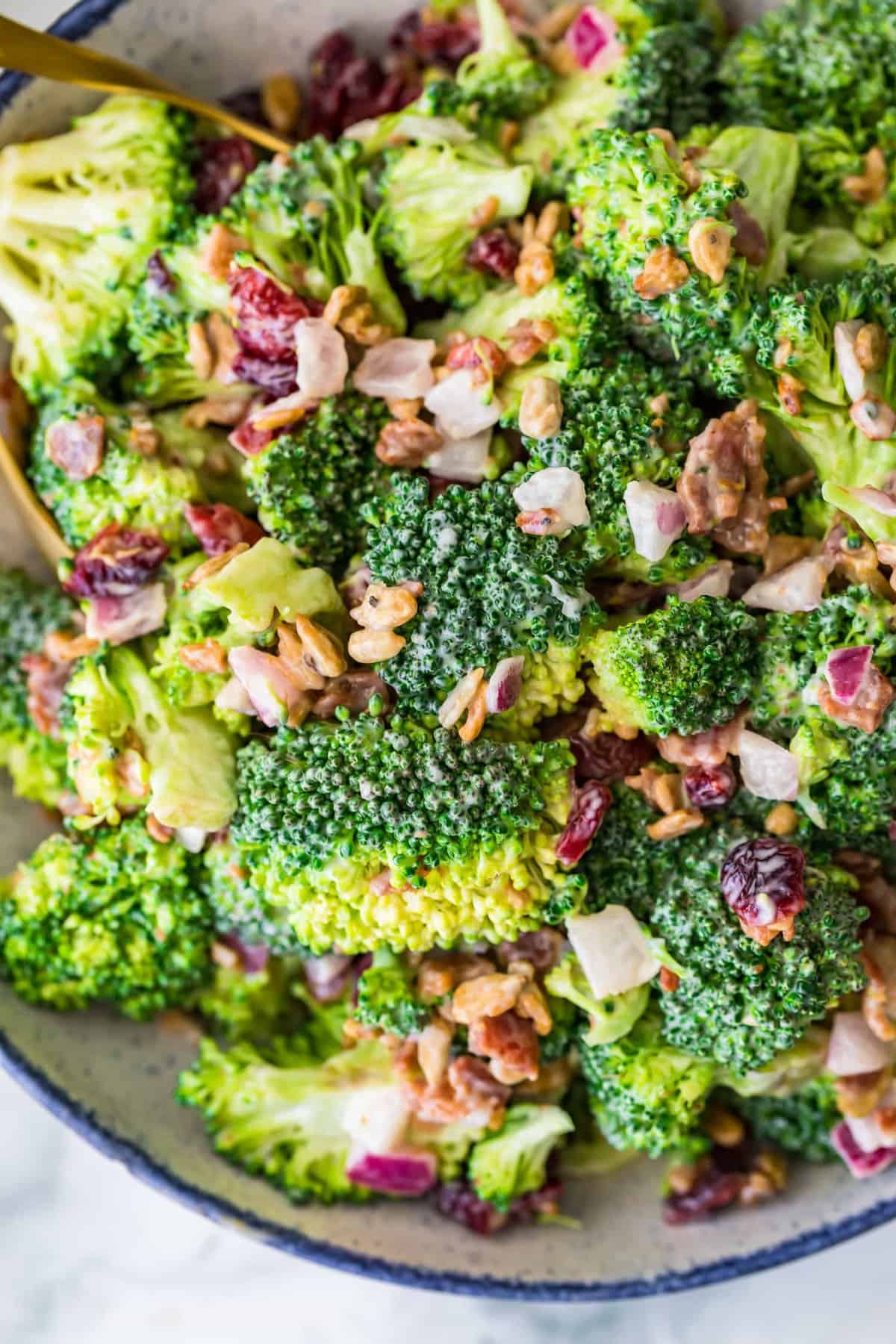 Top shot of the green and red salad in a large serving bowl