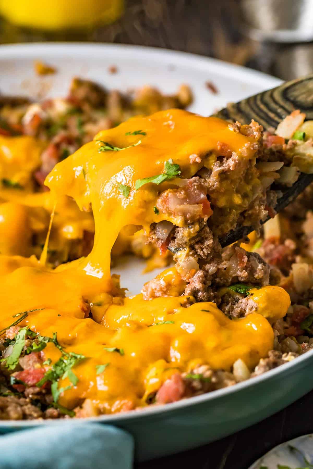 Beef Breakfast Scramble on a large spoon