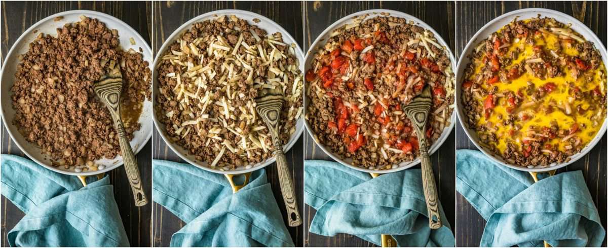 A collage of photos of how to make the dish in the skillet