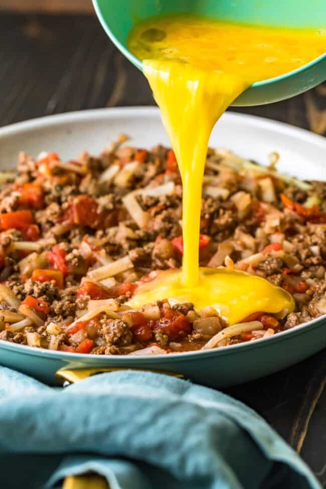 One Pan Cheesy Beef Breakfast Scramble (Skillet Breakfast Casserole