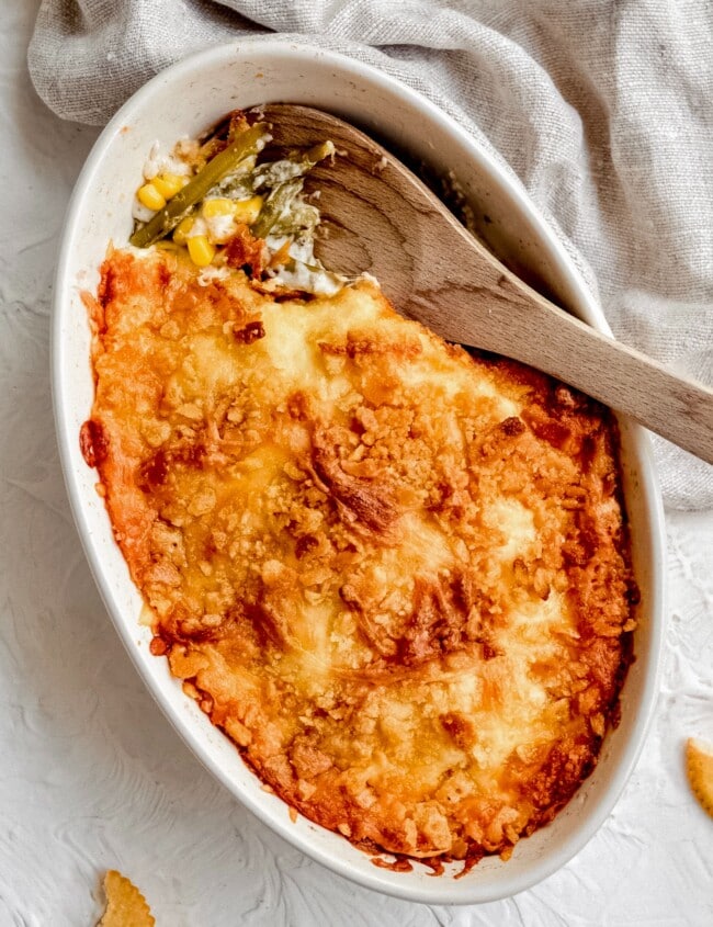 green bean corn casserole in a baking dish