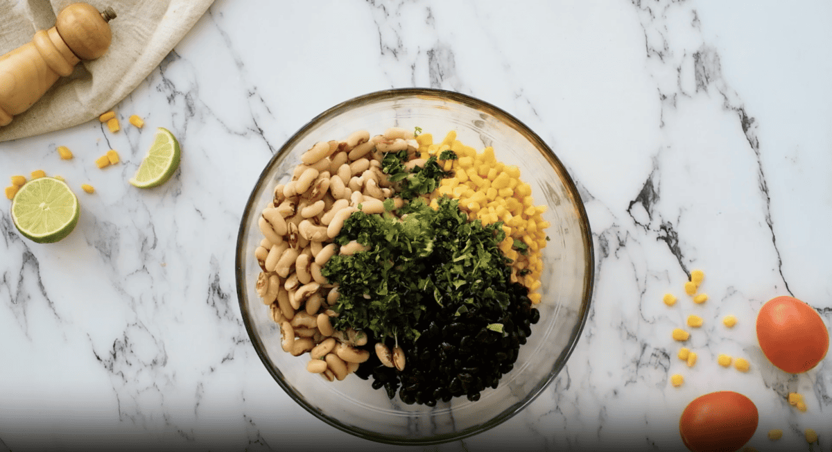 ingredients for texas caviar in a glass bowl.