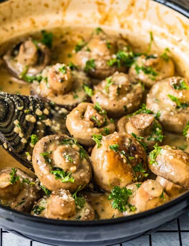 garlic butter mushrooms in a pan