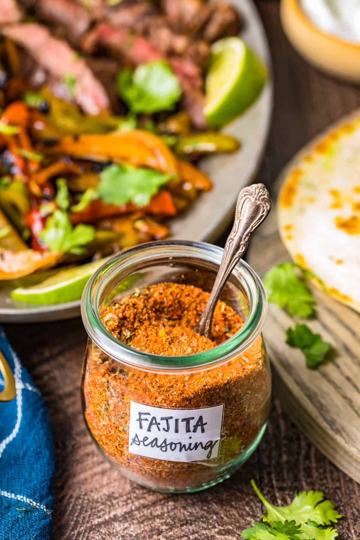 A labelled jar of homemade fajita seasoning