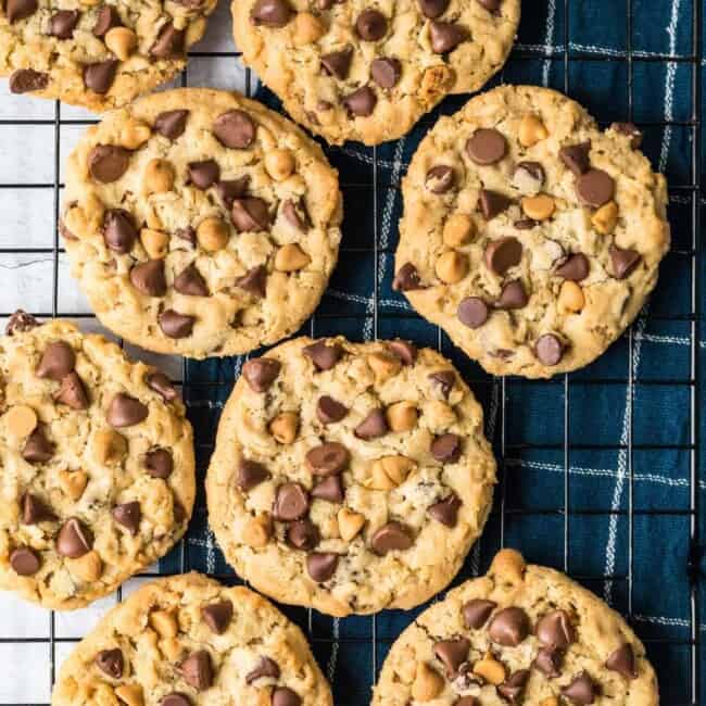 loaded chocolate chip cookies on a wire cooling rack