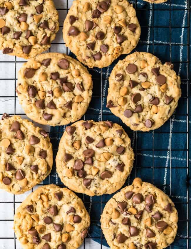 loaded chocolate chip cookies on a wire cooling rack