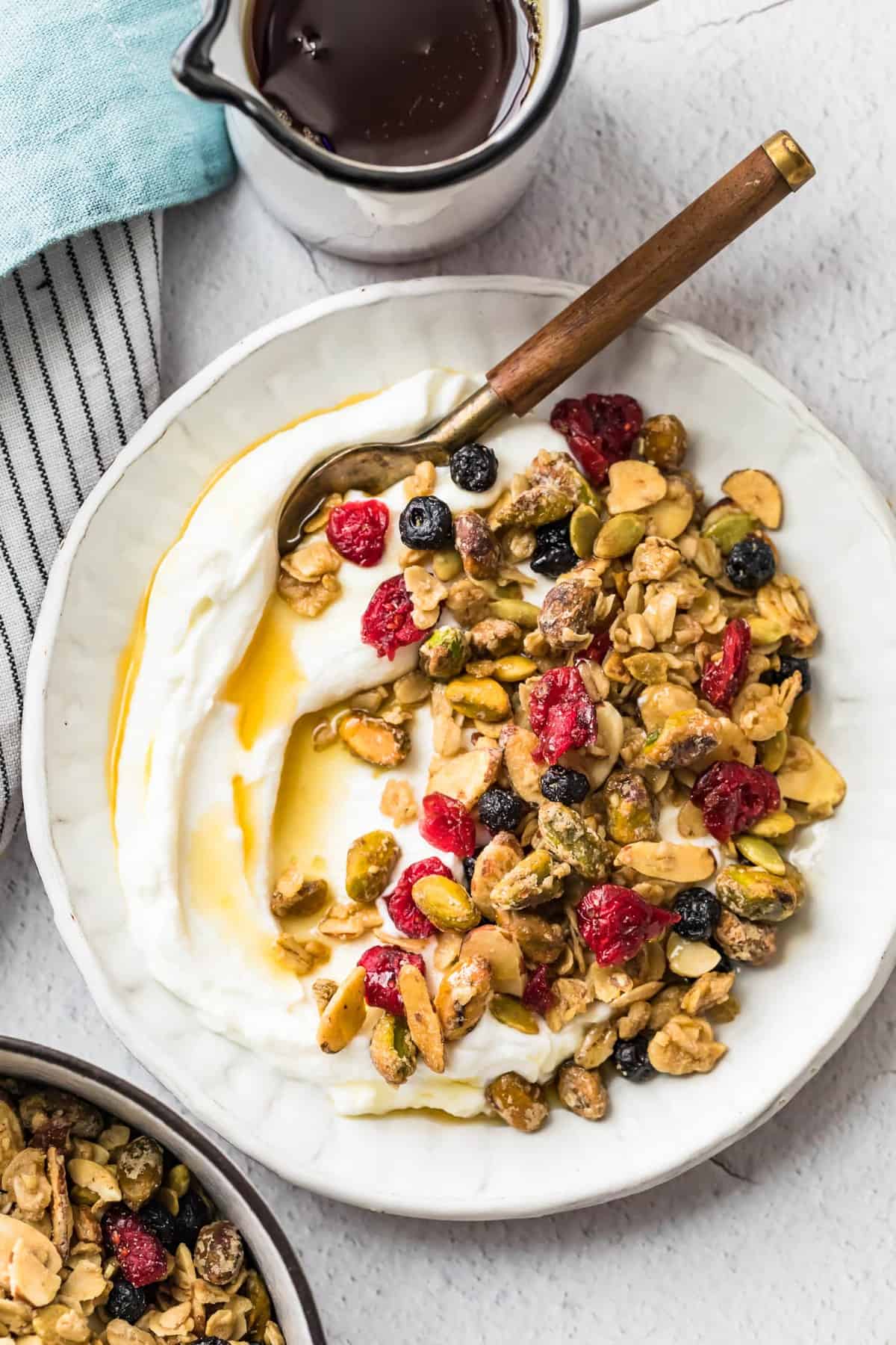 Top shot of granola served in a bowl at a breakfast table