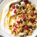 maple granola and yogurt in a bowl
