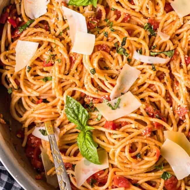 Pasta Pomodoro: skillet spaghetti with tomatoes and basil.
