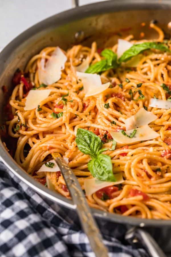 pasta dish in a silver pan