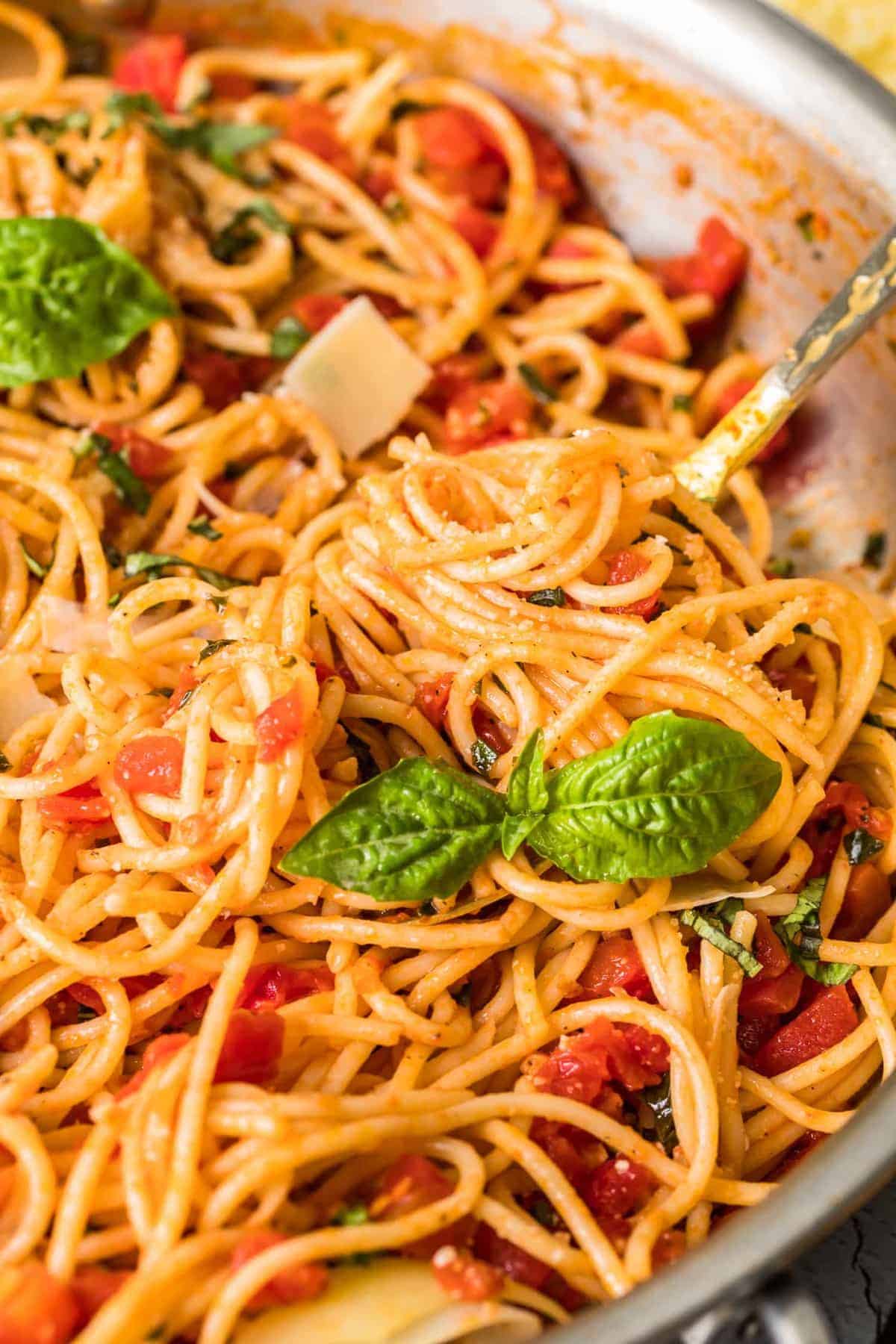 Close up of spaghetti in a pan