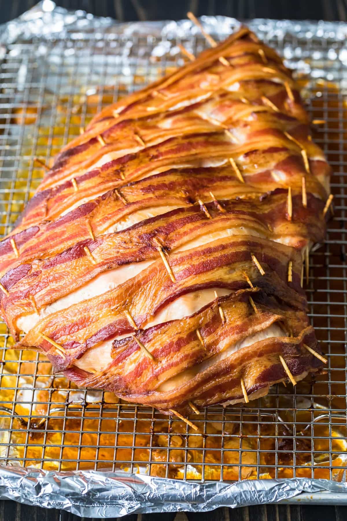 Toothpicks holding the bacon in place