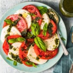 fresh caprese salad on blue plate