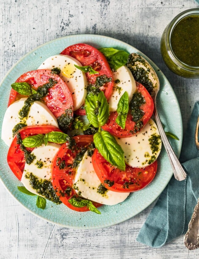 fresh caprese salad on blue plate