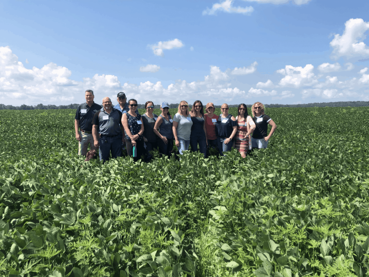 A group of people posing in the middle of a soy field