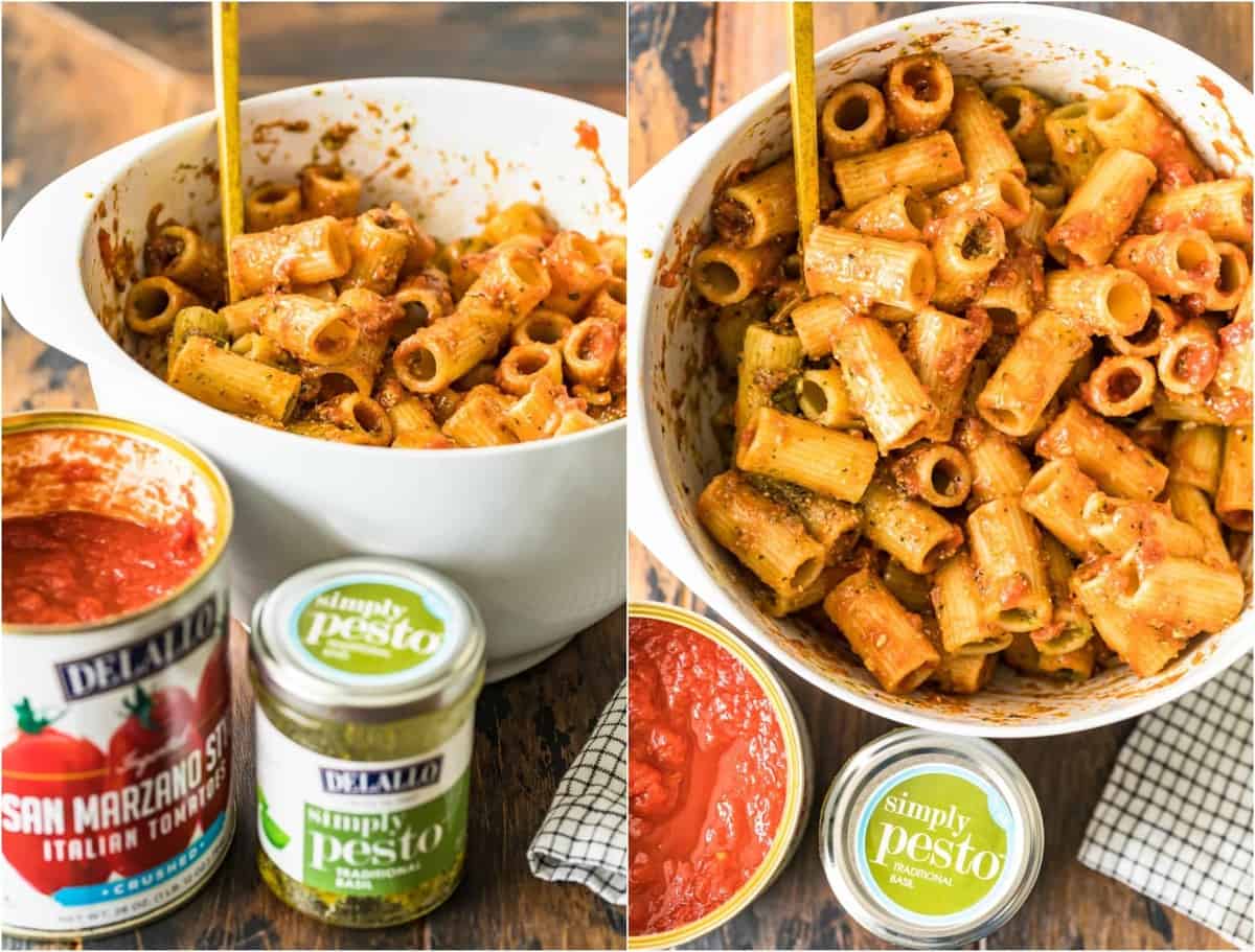 The pasta and other ingredients stirred together in a white bowl