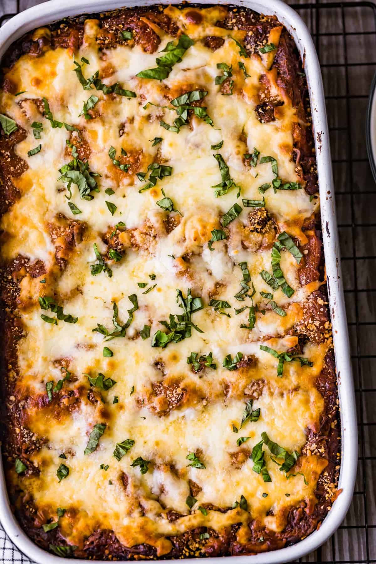 Top shot of a baked Lasagna with Meat Sauce