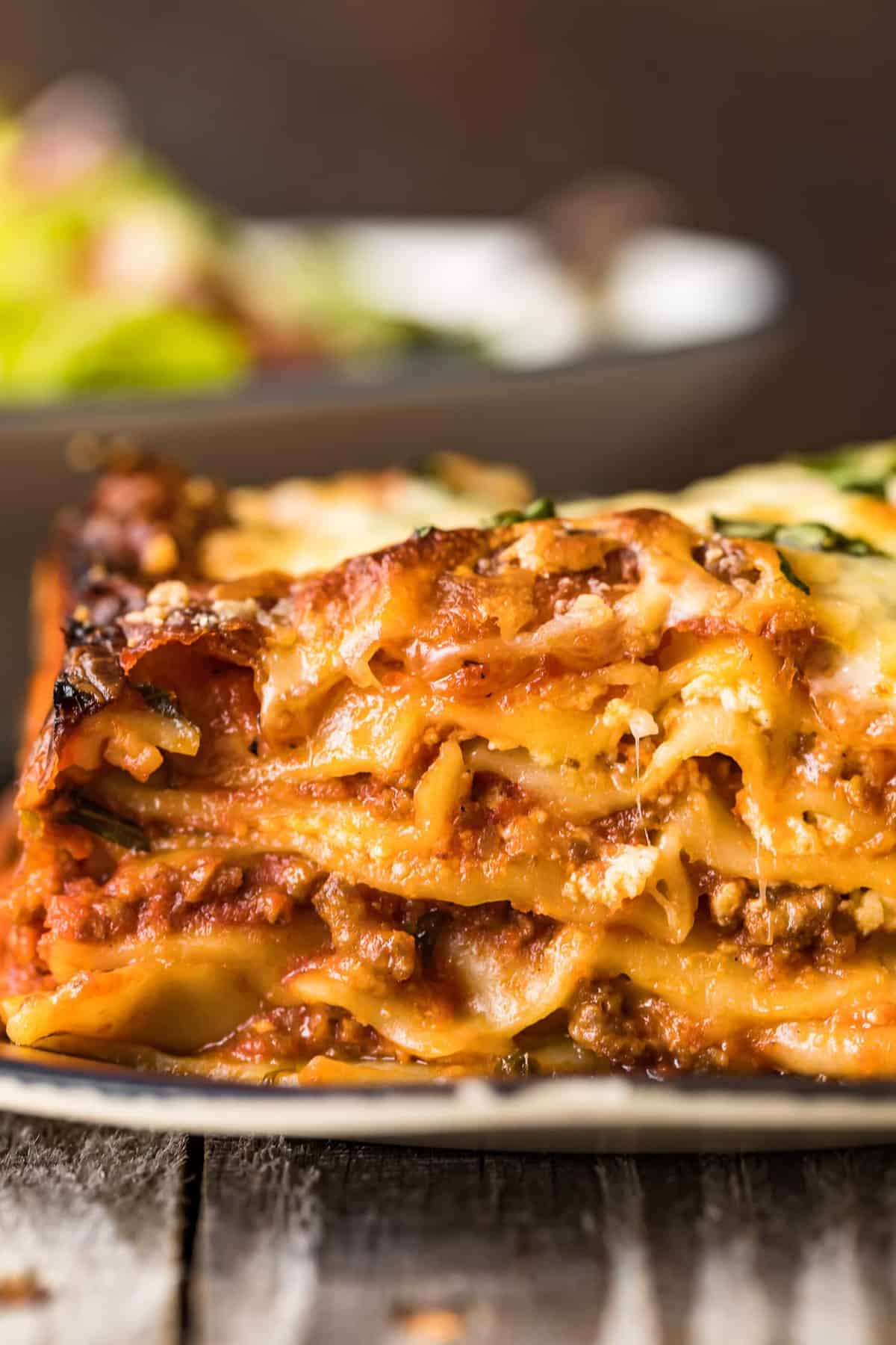 Close up of layers of pasta and meat sauce